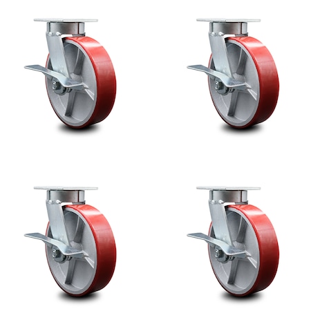Service Caster 8 Inch Kingpinless Red Poly on Steel Wheel Swivel Caster Set with Brakes SCC SCC-KP30S820-PUR-RS-SLB-4